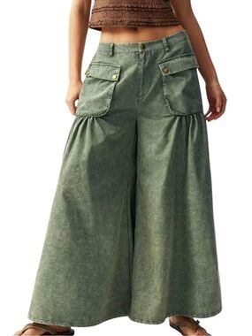 Bohemela Womens XL Green Mineral Wash Wide Leg Cargo Pants Boho Lagenlook